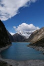 Lake Paron, the largest turquoise lake in the Cordillera Blanca, located in the Peruvian Andes, with the Artesonraju mountain